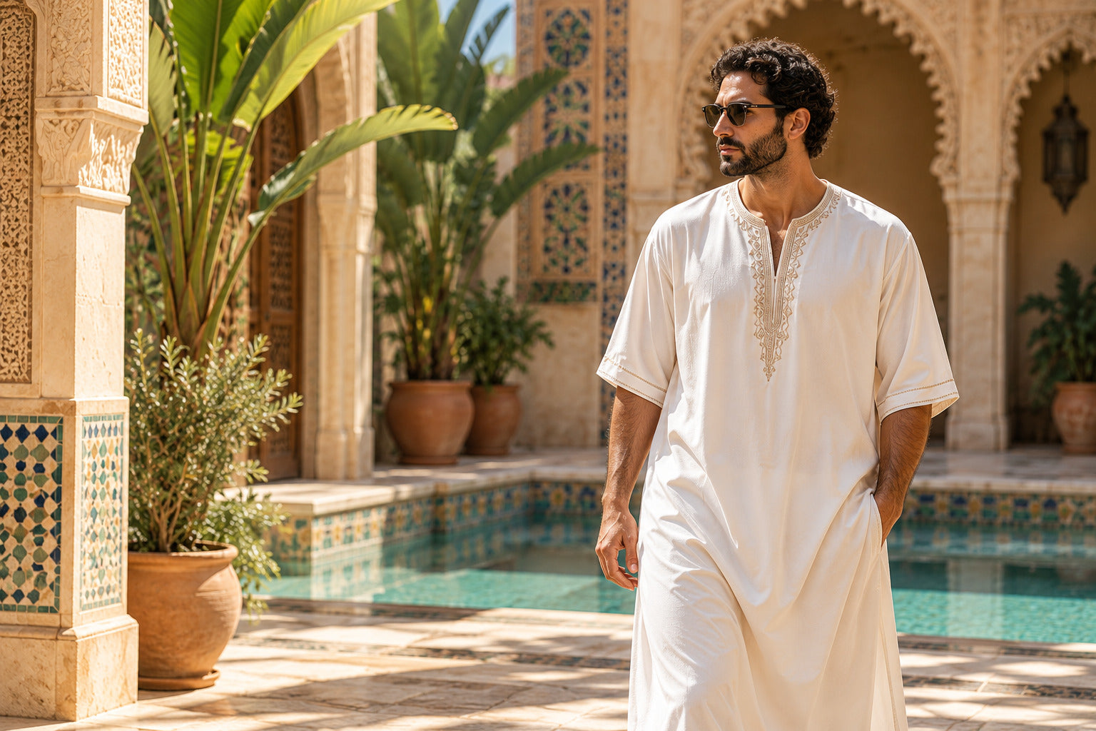 Ivory gandoura in a Moroccan courtyard