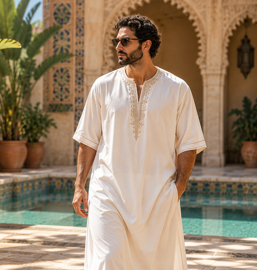 Ivory gandoura in a Moroccan courtyard